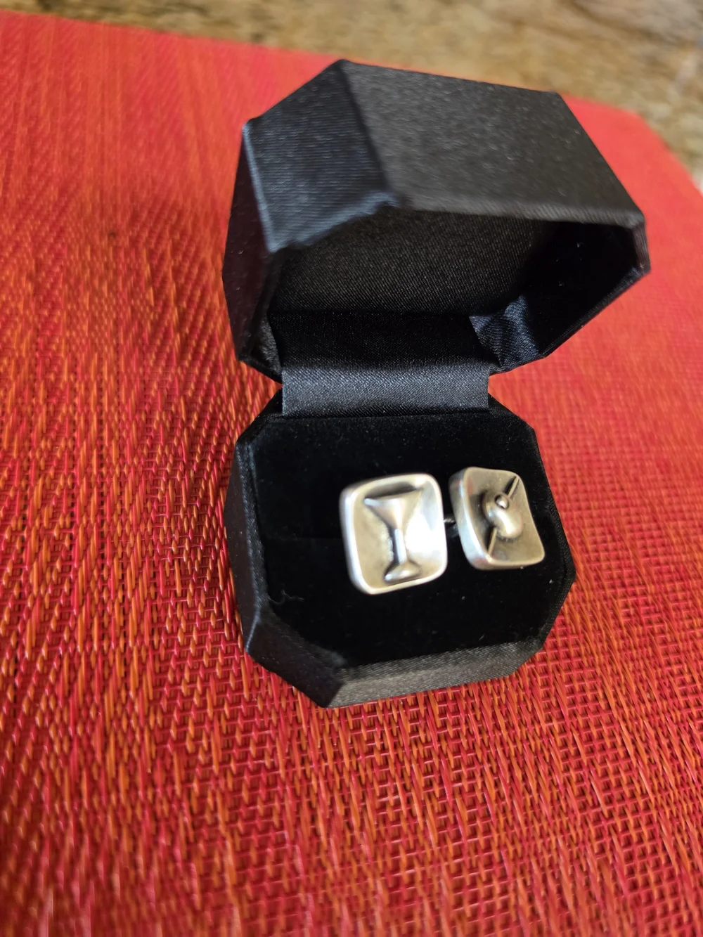 Vintage Brushed Silver Tone Martini & Olive Cufflinks - EUC